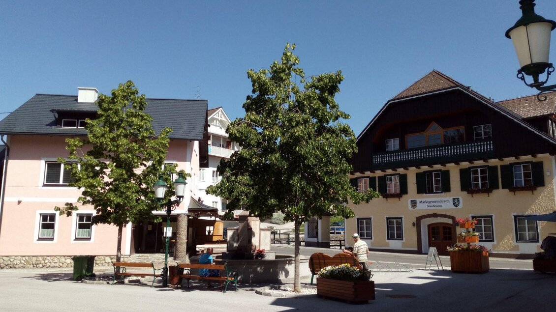 Blick auf den Dorfplatz mit dem Brunnen und dem dahinterliegenden Gemeindeamt. Der wolkenlose, blaue Himmel sorgt für eine freundliche Atmosphäre. Zwei Bäume spenden Schatten und verleihen dem Platz mit den Sitzbänken rund um den Brunnen ein gemütliches Ambiente. Über den Platz verteilt befinden sich mehrere Blumenkästen. | © Johanna Provatopoulos