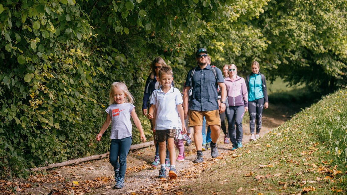 Eine Gruppe von Personen wandert auf einem Weg durch einen grünen Wald. Es ist herbstlich, mit bunten Blättern am Boden. | © Roman Königshofer