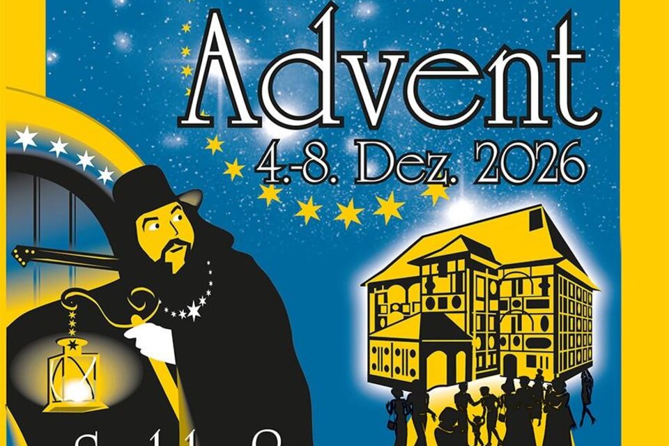 Ein buntes Plakat für den 34. Farracher Advent, der vom 4. bis zum 8. Dezember 2026 stattfindet. Es zeigt eine festliche Szene mit einem historischen Gebäude und einem fackeltragenden Mann. | © Peter Haslebner