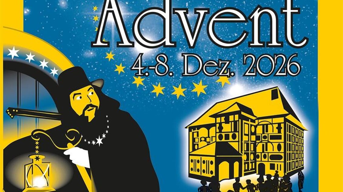 Ein buntes Plakat für den 34. Farracher Advent, der vom 4. bis zum 8. Dezember 2026 stattfindet. Es zeigt eine festliche Szene mit einem historischen Gebäude und einem fackeltragenden Mann. | © Peter Haslebner