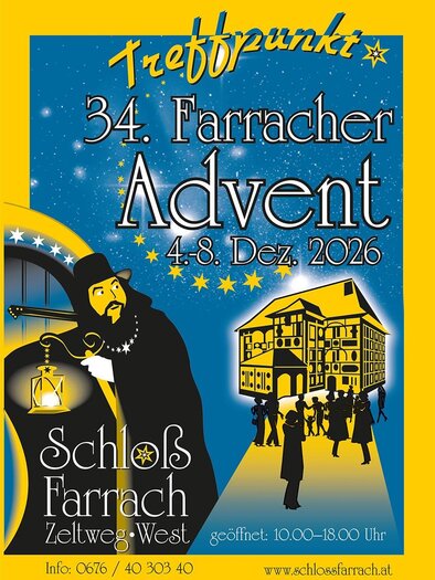 A colorful poster for the 34th Farracher Advent, which takes place from December 4 to December 8, 2026. It features a festive scene with a historic building and a torch-bearing man. | © Peter Haslebner