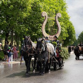 A horse-drawn carriage with a decorative, blooming symbol in the shape of a harp travels along a street. Surrounded by green trees, spectators stand on the roadside and watch the parade.
