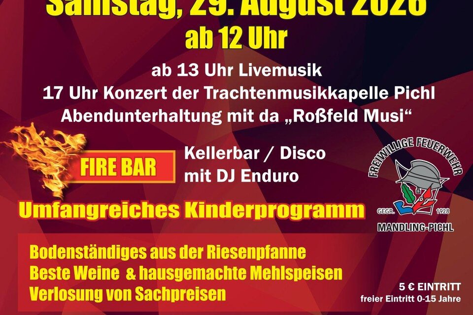 Ein Plakat für das Pfandlfest in Mandling am 29. August 2026. Es enthält Informationen zu Livemusik, Kinderprogrammen und Eintrittspreisen.