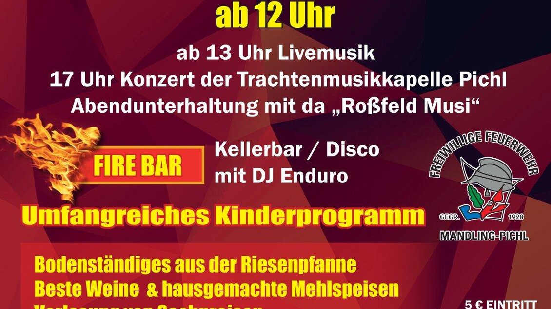 Ein Plakat für das Pfandlfest in Mandling am 29. August 2026. Es enthält Informationen zu Livemusik, Kinderprogrammen und Eintrittspreisen.