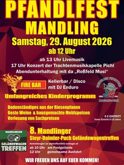 Ein Plakat für das Pfandlfest in Mandling am 29. August 2026. Es enthält Informationen zu Livemusik, Kinderprogrammen und Eintrittspreisen.