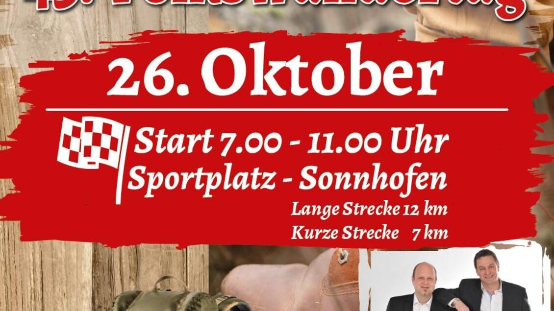 Ein Plakat für den 43. Volkswandertag in Sonnhofen. Der Event findet am 26. Oktober statt und bietet lange und kurze Strecken mit Live-Musik. | © EVG
