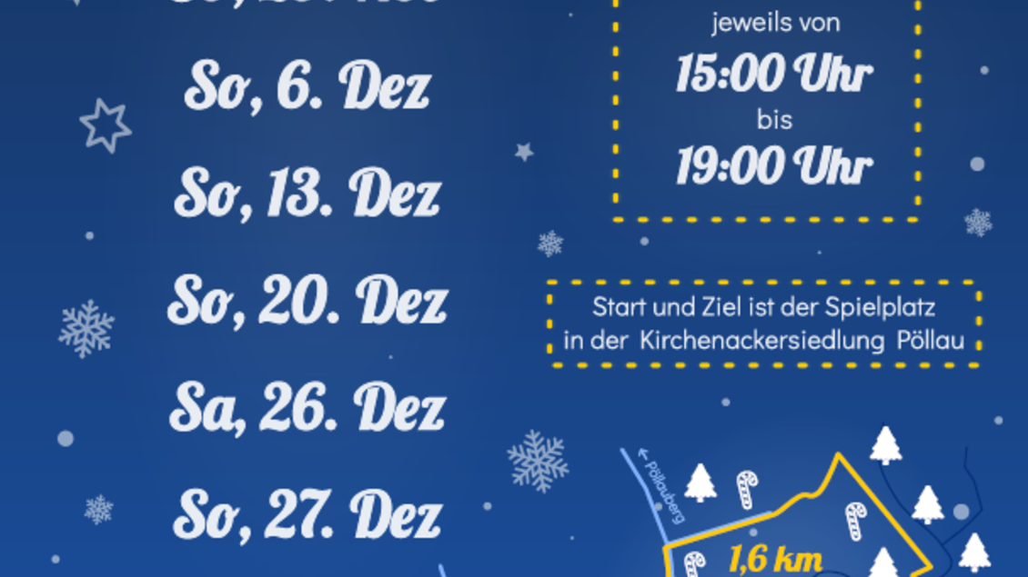 Ein Poster für den Pöllauer Adventpfad 2026. Es zeigt Termine, Informationen zu Veranstaltungen und einen Wegverlauf in der Nähe der Kirchenkesseldung. | © Manuel Geier i.V. Kreativteam | Adventpfad Pöllau