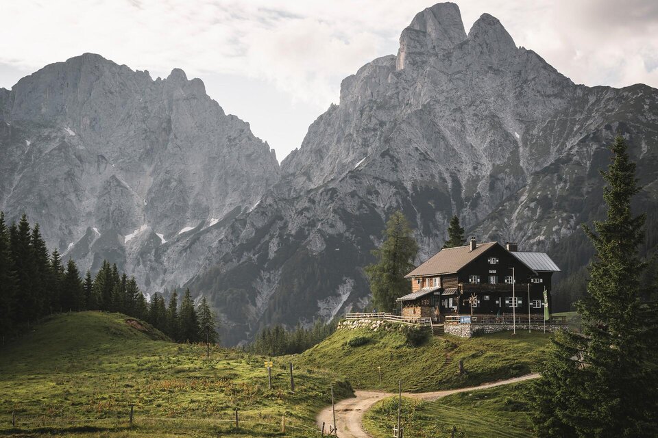 Eine malerische Hütte liegt in einer grünen Landschaft, umgeben von beeindruckenden Bergen. Die Szenerie strahlt Ruhe und natürliche Schönheit aus. | © TV Gesäuse