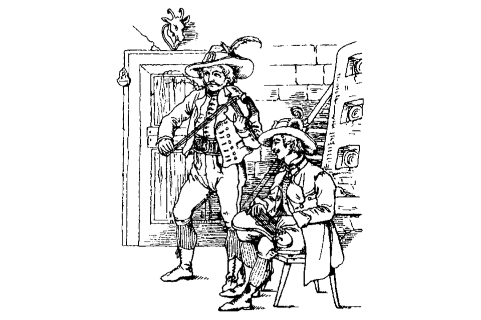 <p>Zwei Musikanten spielen ihre Instrumente bei dieser Zeichnung in einem Gebäude.</p> | © Heidi Simentschitsch