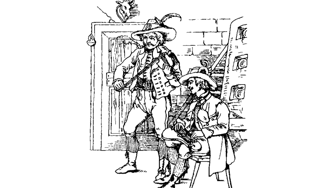 <p>Zwei Musikanten spielen ihre Instrumente bei dieser Zeichnung in einem Gebäude.</p> | © Heidi Simentschitsch