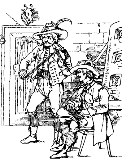 <p>Zwei Musikanten spielen ihre Instrumente bei dieser Zeichnung in einem Gebäude.</p> | © Heidi Simentschitsch