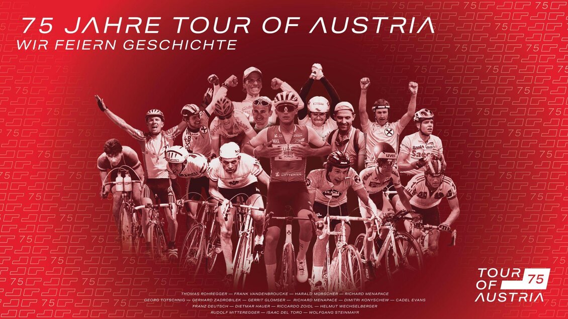 Eine Collage von Radfahrern, die an der Tour of Austria teilnehmen. Der Hintergrund ist rot mit dem Text "75 Jahre Tour of Austria - Wir feiern Geschichte".