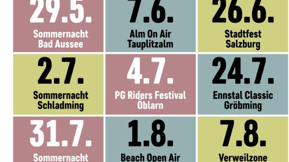 <p>Die verschiedenen Veranstaltungstermin inklusive Veranstaltungsort sind farbig angeordnet. Am 01.08. kommen sie nach Grundlsee zum Beach Open Air.</p> | © Inez Grieshofer
