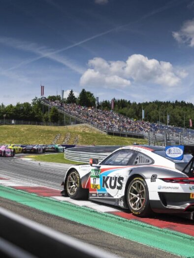 A racing car drives on a racetrack, while spectators sit in the stands in the background. The track is marked in green and red, with a picturesque landscape in the background. | © Red Bull Content Pool