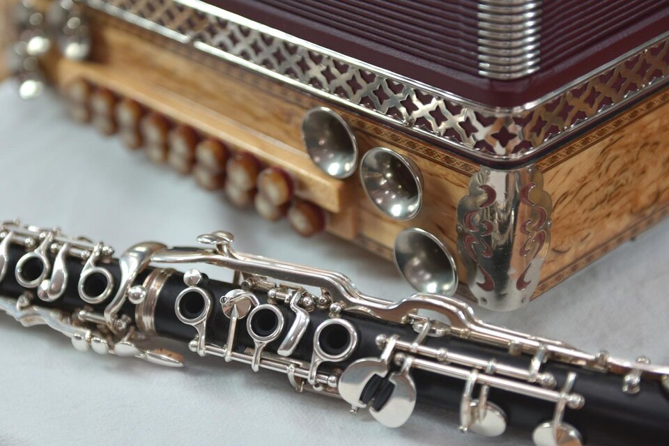 Ein Akkordeon aus Holz mit verzierten Details liegt neben einer Klarinette. Beide Instrumente sind in einem ruhigen, harmonischen Arrangement. | © TV Südsteiermark - Adobe Stock