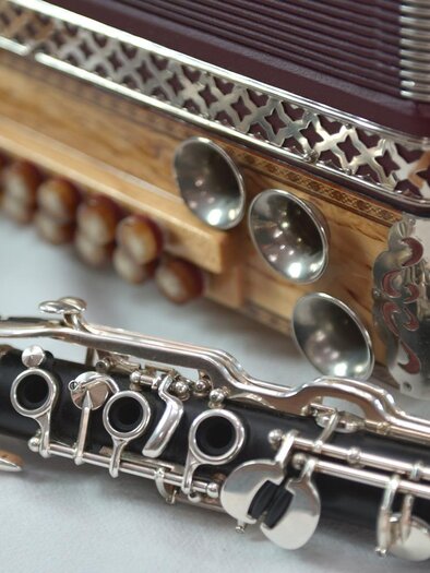 Ein Akkordeon aus Holz mit verzierten Details liegt neben einer Klarinette. Beide Instrumente sind in einem ruhigen, harmonischen Arrangement. | © TV Südsteiermark - Adobe Stock