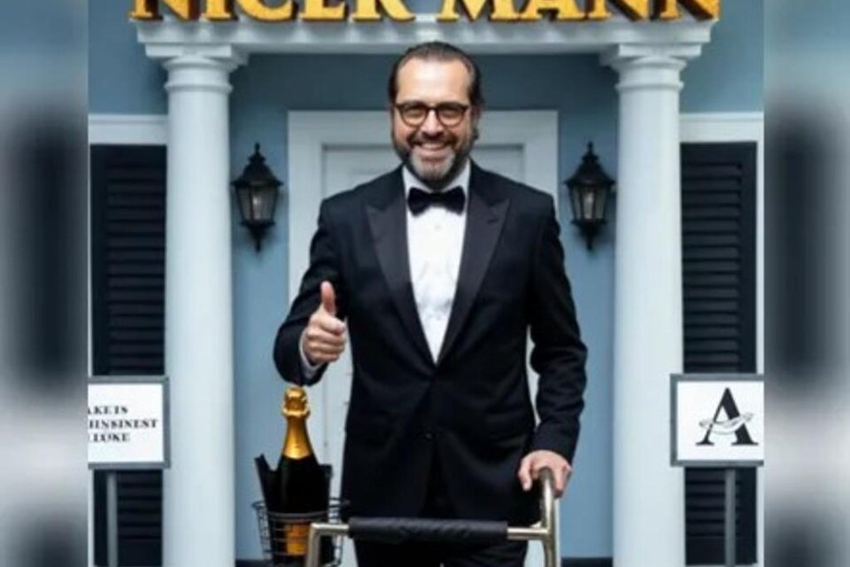 Ein Mann in einem eleganten Anzug steht vor einem Gebäude mit dem Schild "ALTER NICER MANN". Er gibt einen Daumen hoch und hält einen Gehwagen. | © Gerald Fleischhacker