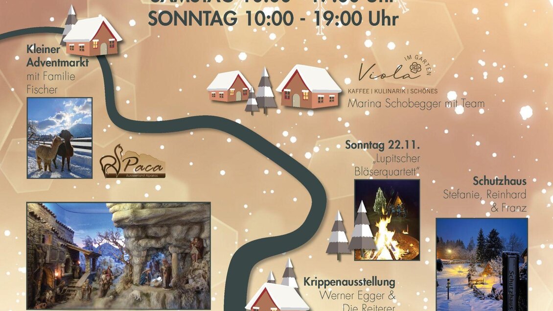 Ein Plakat für das Event "Advent am Ischlberg" mit Krippen. Es zeigt Informationen zu Terminen, Zeiten und dem Ablauf der Veranstaltung. | © Das Schutzhaus