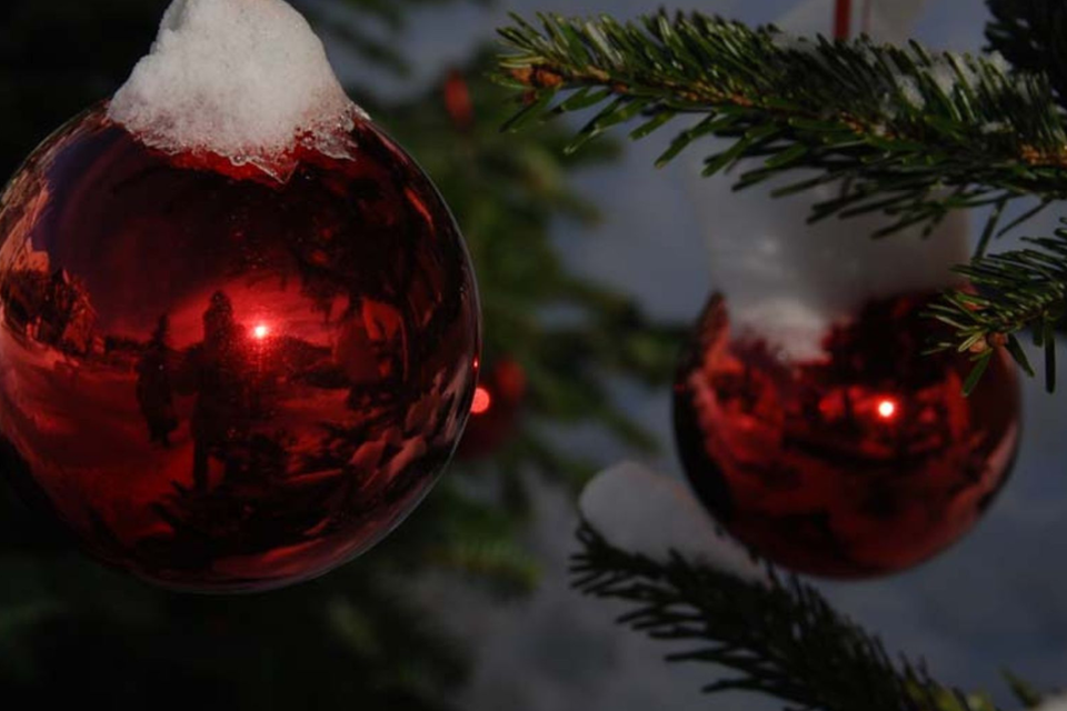 Rote Weihnachtsbaumkugeln, die mit Schnee bedeckt sind, hängen an einer Tannenzweigen. Im Hintergrund sind Schatten und Lichtspiele sichtbar. | © Pirker