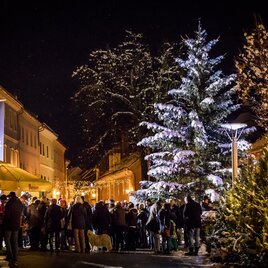 Ein festlicher Weihnachtsmarkt bei Nacht mit vielen Menschen, die sich versammelt haben. Im Vordergrund steht ein schön beleuchteter Weihnachtsbaum.