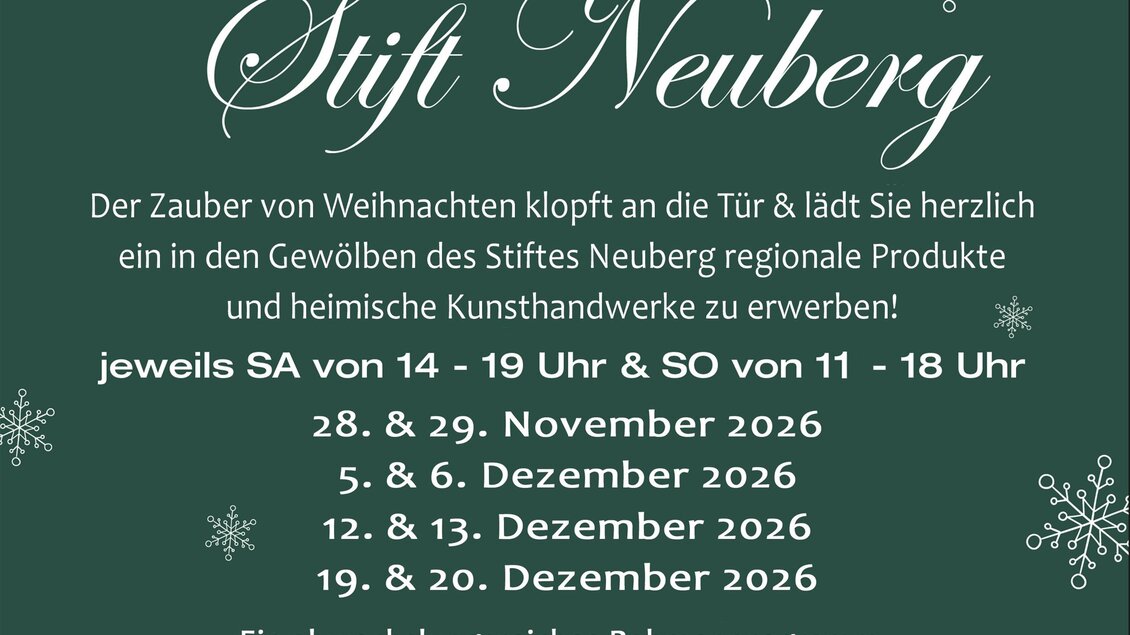 Ein Flyer für die Veranstaltung "Advent im Stift Neuberg". Er zeigt festliche Informationen über regionale Produkte, Kunsthandwerk und kulinarische Aktivitäten. | © Naturpark Mürzer Oberland