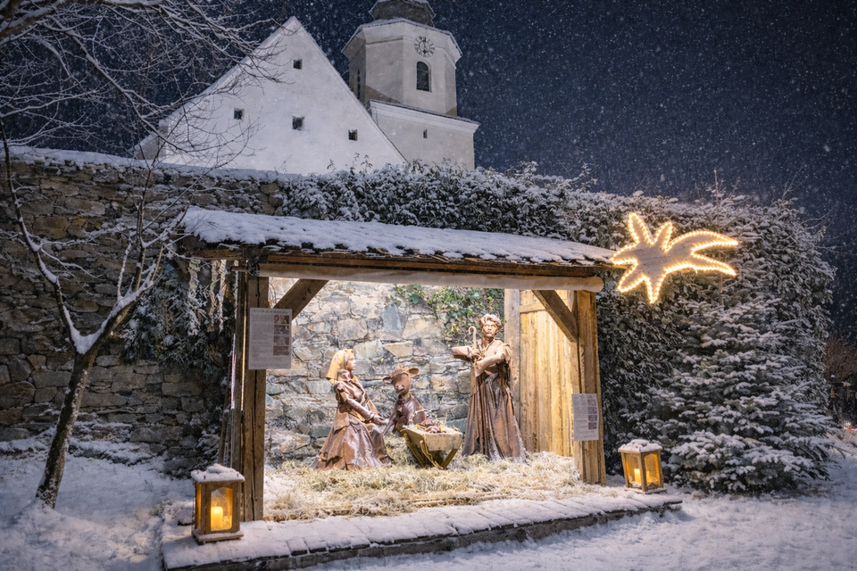 Eine weihnachtliche Szenerie mit einer Krippe, umgeben von Schnee. Im Hintergrund ist eine Kirche sichtbar, und es schneit leicht. | © Oststeiermark Tourismus