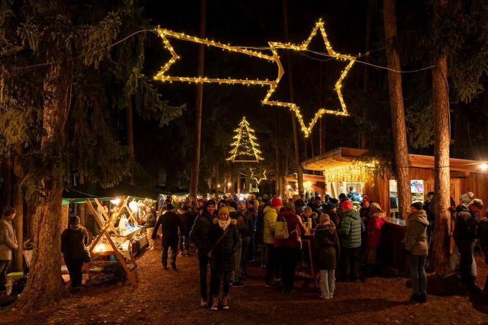 Ein festlicher Weihnachtsmarkt im Wald bei Nacht. Lichtersterne und Weihnachtsbaumdekorationen schmücken die Säfte, während viele Menschen die Atmosphäre genießen. | © Oststeiermark Tourismus