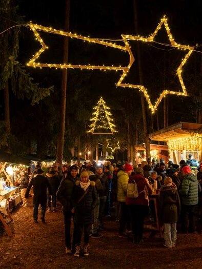 Ein festlicher Weihnachtsmarkt im Wald bei Nacht. Lichtersterne und Weihnachtsbaumdekorationen schmücken die Säfte, während viele Menschen die Atmosphäre genießen. | © Oststeiermark Tourismus