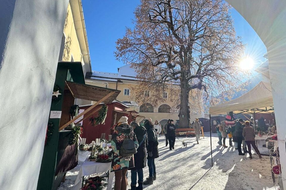 Ein lebhafter Weihnachtsmarkt mit Menschen, die lokale Produkte kaufen. Im Hintergrund steht ein großer Baum und die Sonne scheint strahlend auf die Szene. | © Elternverein Donnersbach