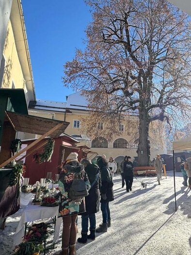 Ein lebhafter Weihnachtsmarkt mit Menschen, die lokale Produkte kaufen. Im Hintergrund steht ein großer Baum und die Sonne scheint strahlend auf die Szene. | © Elternverein Donnersbach