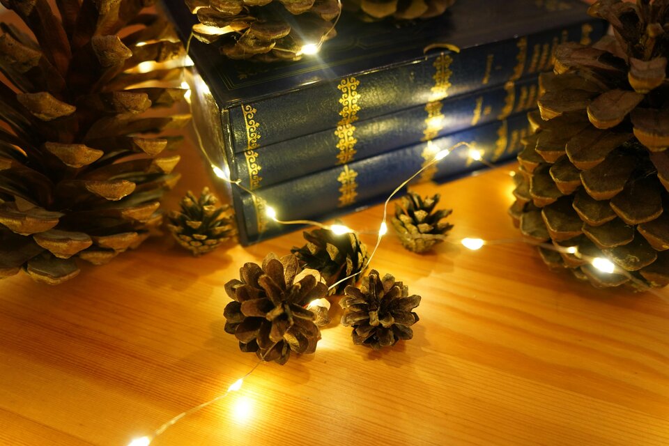 Ein gemütlicher Tisch mit Tannenzapfen und alten Bücher. Warmes Licht von einer Lichterkette schafft eine festliche Atmosphäre. | © Eli Pluma unsplash