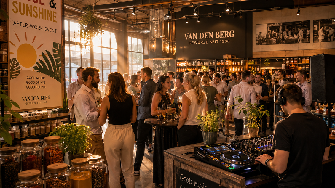 Gäste bei einem After-Work-Event im Van den Berg in Graz, mit DJ und Stehtischen zwischen Gewürzregalen. | © ChatGPT-Christine Rotschädl