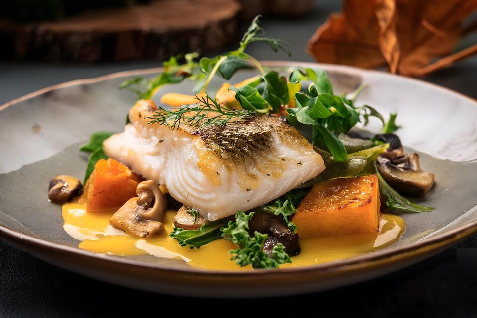 Ein elegantes Gericht mit gebratenem Fisch, umgeben von buntem Gemüse. Die Anrichtung ist ansprechend und modern. | © Adobe Stock