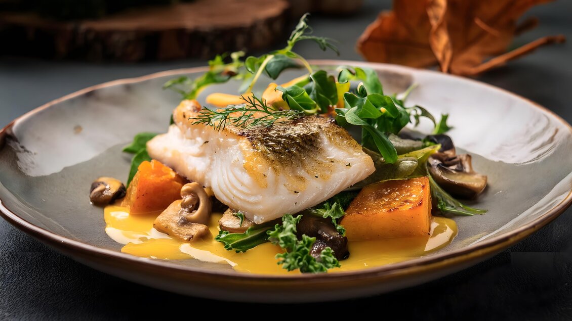 Ein elegantes Gericht mit gebratenem Fisch, umgeben von buntem Gemüse. Die Anrichtung ist ansprechend und modern. | © Adobe Stock
