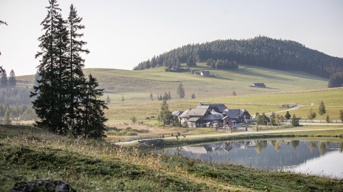 Eine ruhige Landschaft mit sanften Hügeln und einem auffälligen Gebäude am Wasser. Im Hintergrund sind bewaldete Berge zu sehen. | © Pierer Gastronomie GmbH