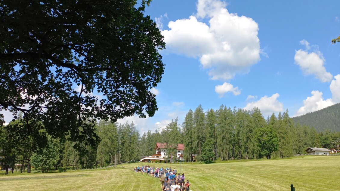 Eine lange Schlange von Menschen wandert über eine Wiese. Im Hintergrund sind Wälder und ein blaues Himmel mit weißen Wolken zu sehen. | © Tourismusverband Schladming-Dachstein
