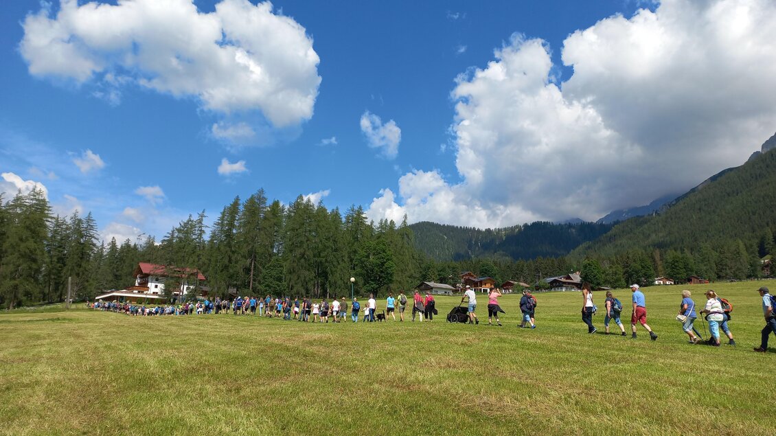 Eine Gruppe von Menschen wandert auf einer Wiese unter einem blauen Himmel mit weißen Wolken. Im Hintergrund sind Bäume und Berge zu sehen. | © Tourismusverband Schladming-Dachstein