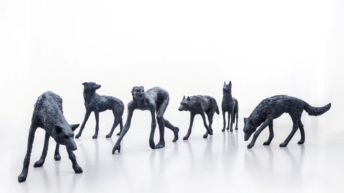 Die eindrucksvolle Bronze-Rauminstallation „Unter Wölfen“ von Judith Wagner zeigt eine Gruppe von sechs wolfsähnlichen Figuren, darunter eine Gestalt mit menschlichem Gesicht. Die lebensgroßen, dunkel gehaltenen Skulpturen stehen in unterschiedlichen Körperhaltungen und vermitteln eine geheimnisvolle, spannungsvolle Atmosphäre. Das Kunstwerk regt zum Nachdenken über das Verhältnis zwischen Mensch und Tier, Zugehörigkeit und Ausgrenzung an. Zu sehen in der Kunsthalle Feldbach. | © millstART & Bildrecht GmbH
