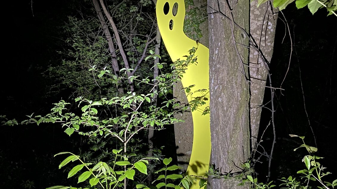 Leuchtend gelbe Skulptur „Gelber Geist“ von Ronald Kodritsch zwischen Bäumen und Sträuchern in nächtlicher Waldkulisse – zeitgenössische Kunst im Naturraum, geheimnisvolle Atmosphäre und außergewöhnliches Kulturerlebnis in der Galerie Gölles in Fürstenfeld. | © Ronald Kodritsch