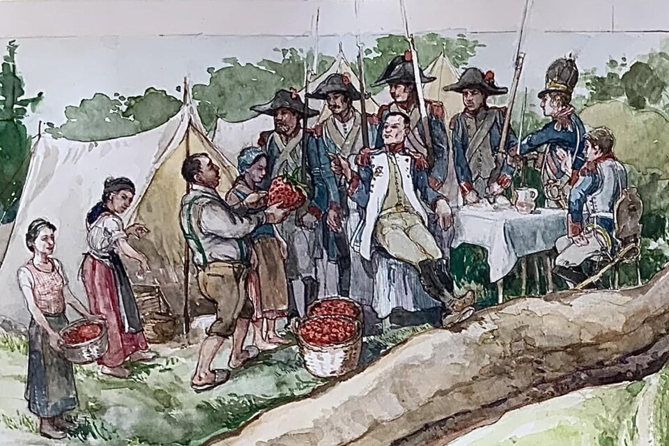 Historische Darstellung eines Militärlagers, in dem Soldaten mit der Bevölkerung zusammentreffen. Im Vordergrund werden Körbe voller Kirschen überreicht – eine Szene, die das alltägliche Leben und die Versorgung der Truppen in früheren Zeiten veranschaulicht. Zu sehen am Europaplatz in Fürstenfeld. | © Pedrotti u. FitzgeraldPedrotti