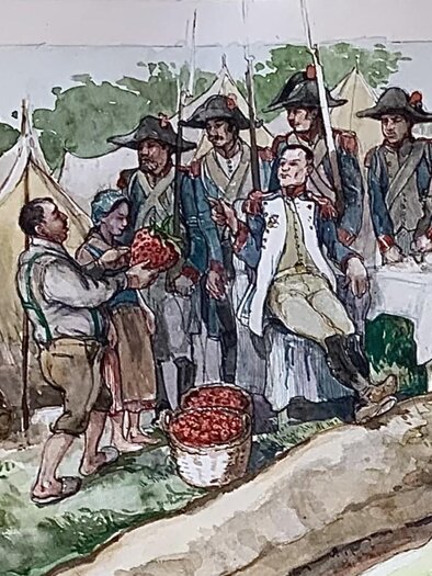 Historical representation of a military camp where soldiers meet the population. In the foreground, baskets full of cherries are handed over – a scene that illustrates everyday life and the supply of troops in earlier times. To be seen at Europaplatz in Fürstenfeld. | © Pedrotti u. FitzgeraldPedrotti
