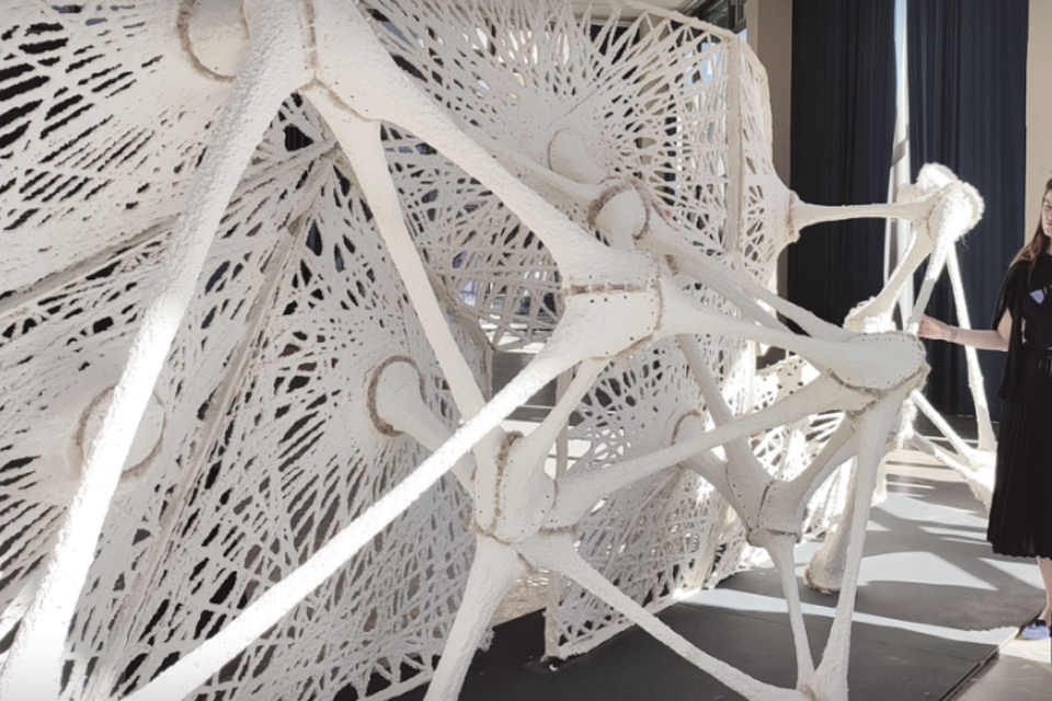 Eine Dame steht neben dem überdimensionalen Netzwerk in der Ausstellung try Ök-aut in Graz.  | © reiterpr