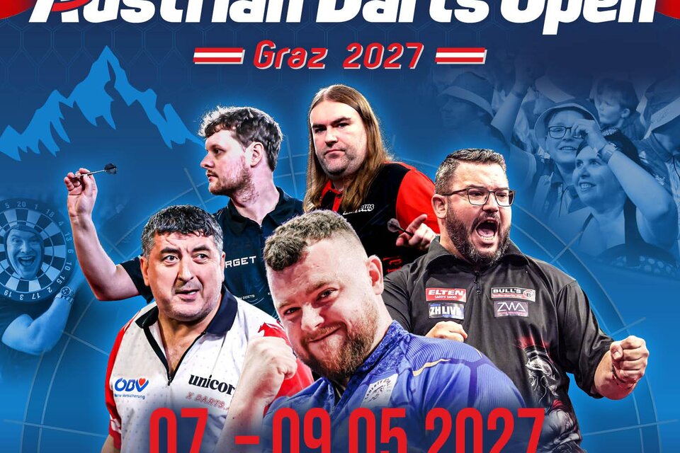 Grafik zum Darts-Turnier Austrian Darts Open 2027 in der Stadthalle Graz mit Spielern und Veranstaltungsdaten. | © PDC Europe-Moltke Sports GmbH