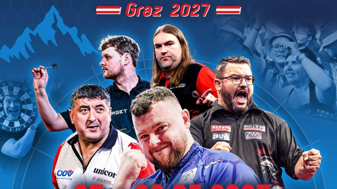 Grafik zum Darts-Turnier Austrian Darts Open 2027 in der Stadthalle Graz mit Spielern und Veranstaltungsdaten. | © PDC Europe-Moltke Sports GmbH