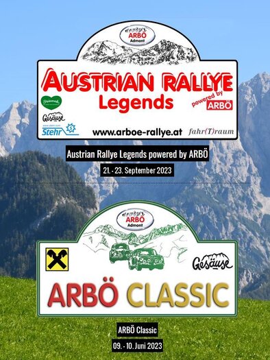 Two advertising signs for automotive events in front of an impressive mountain landscape. The signs promote the "Austrian Rallye Legends" and the "ARBÖ Classic".