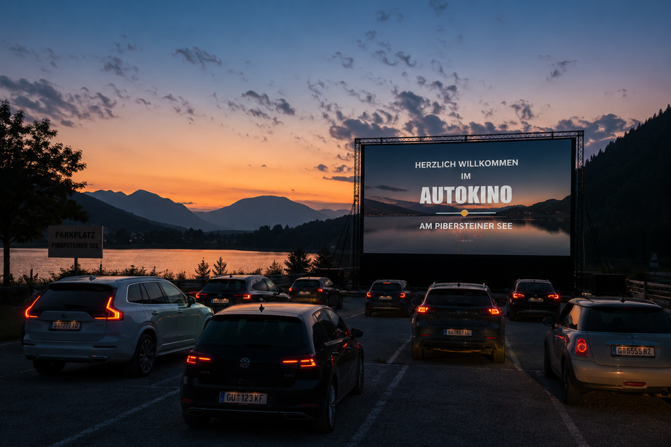 Autos vor Leinwand beim Autokino am Pibersteiner See in Köflach bei Sonnenuntergang. | © ChatGPT-Christine Rotschädl