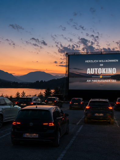 Autos vor Leinwand beim Autokino am Pibersteiner See in Köflach bei Sonnenuntergang. | © ChatGPT-Christine Rotschädl
