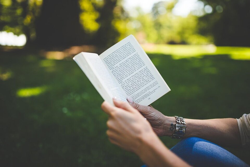 Eine Person sitzt im Freien und liest ein Buch. Die Umgebung ist grün und sonnig, was eine entspannte Atmosphäre schafft. | © Pixabay