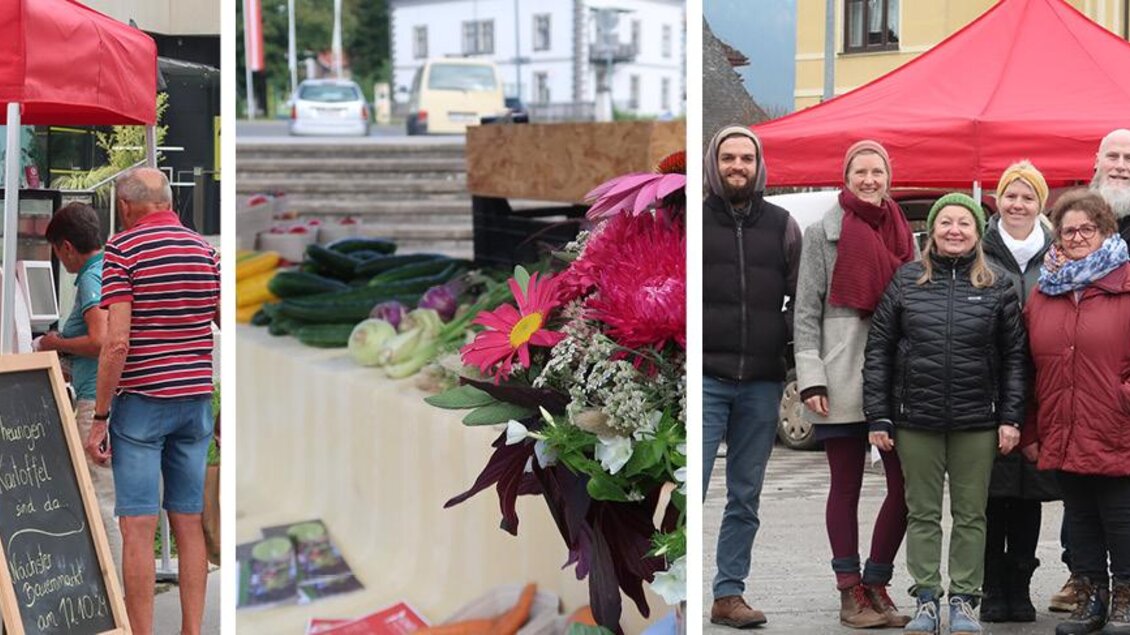 Ein lebhafter Wochenmarkt mit Ständen und frischen Blumen. Eine Gruppe von Menschen lächelt vor einem roten Verkaufszelt. | © Doll