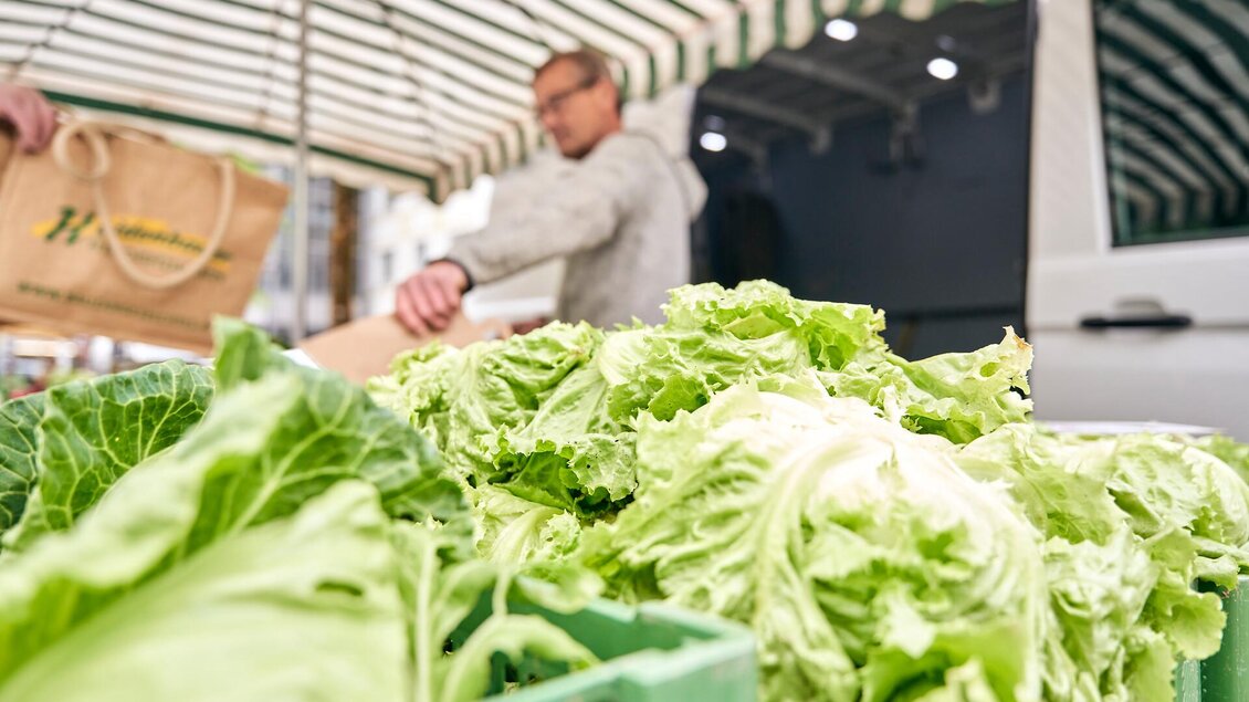 Frisches Gemüse auf einem Marktstand, insbesondere grüne Blätter und Salat. Im Hintergrund ist eine Person zu sehen, die mit einem Einkauf beschäftigt ist. | © TV Gesäuse